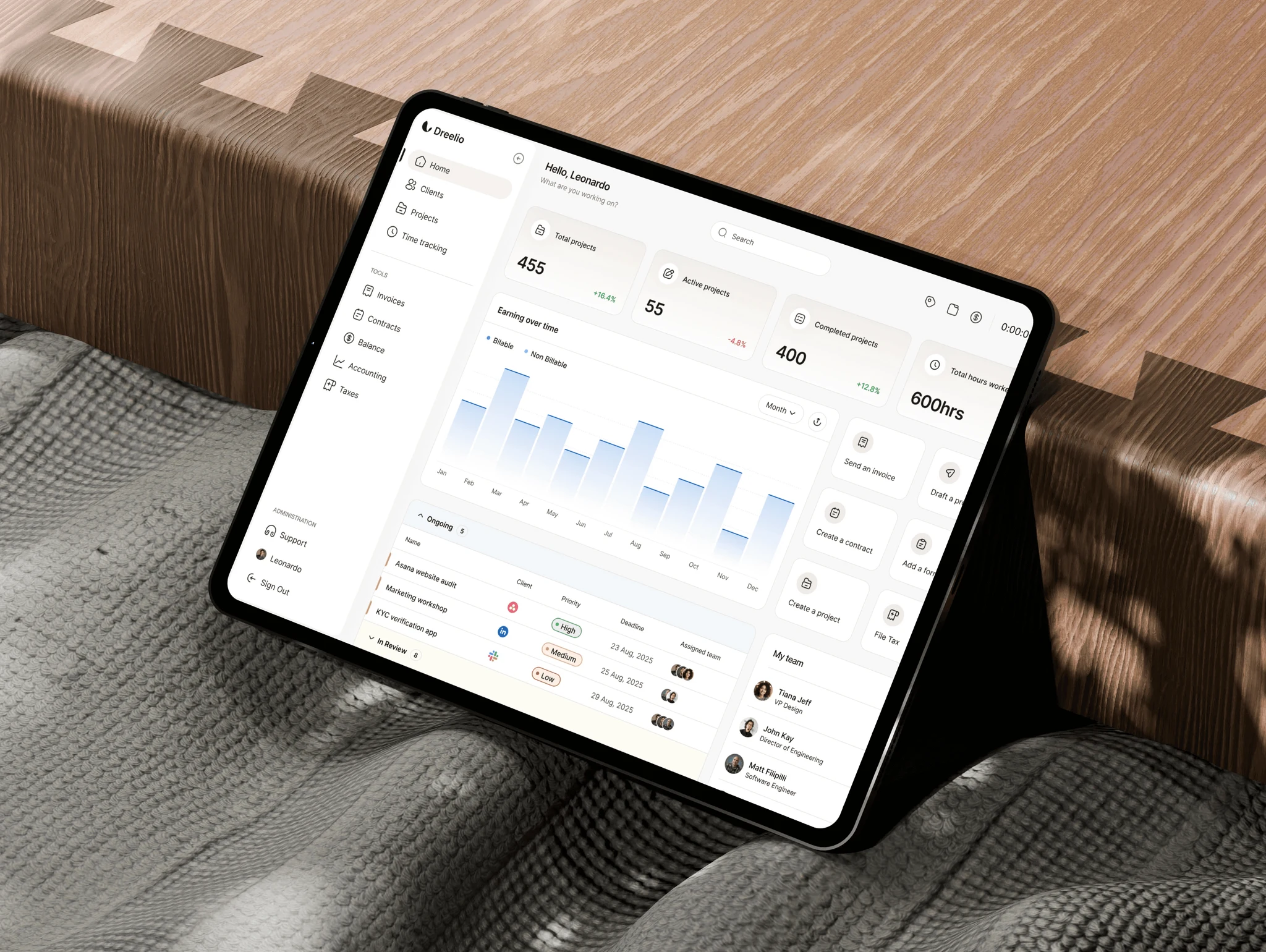 A mockup of Dreelio's web app on a tablet